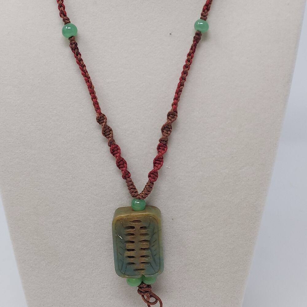 Carved Jade Pendant Necklace Macrame Beaded Cord 30" Pendant 1.5"